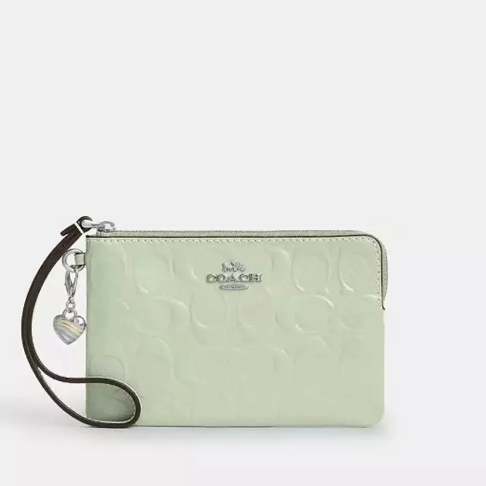 Coach Zip Corner Wristlet In Mint Green Leather with Heart Charm NWT CDF04